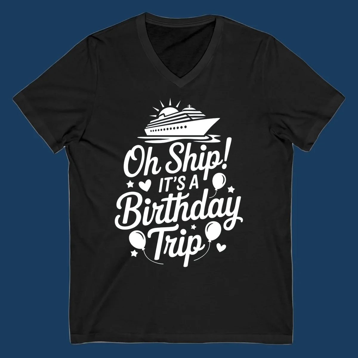Birthday cruise trip text with ship and decorations.