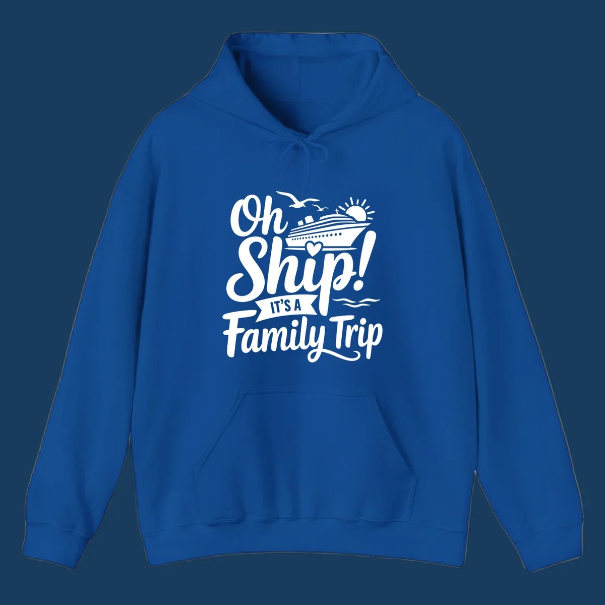Oh Ship It's A Family Trip design featuring a cruise ship, sun, birds, and waves with playful text.