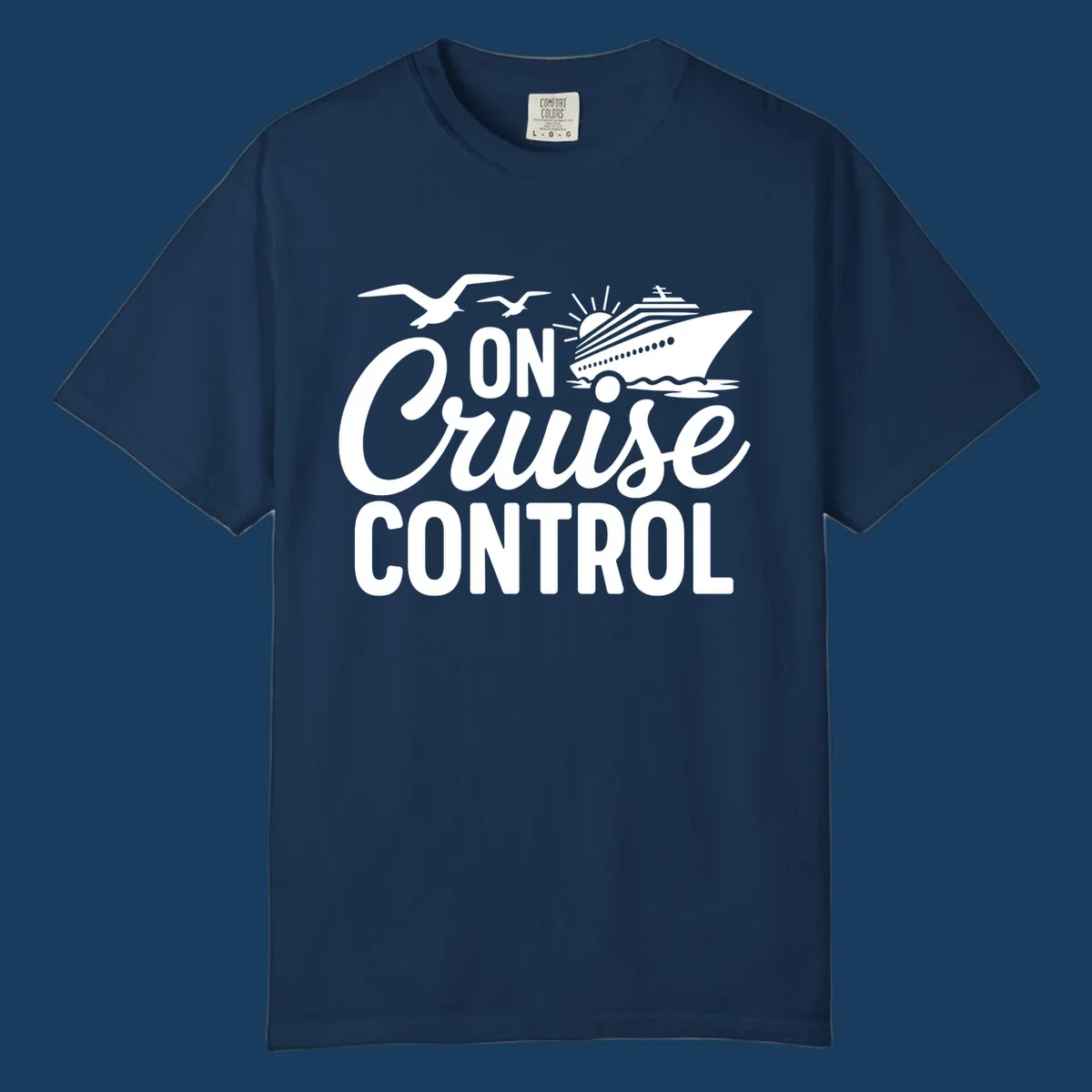 White text and illustration of a cruise ship and seagulls with the phrase 'ON Cruise CONTROL'.
