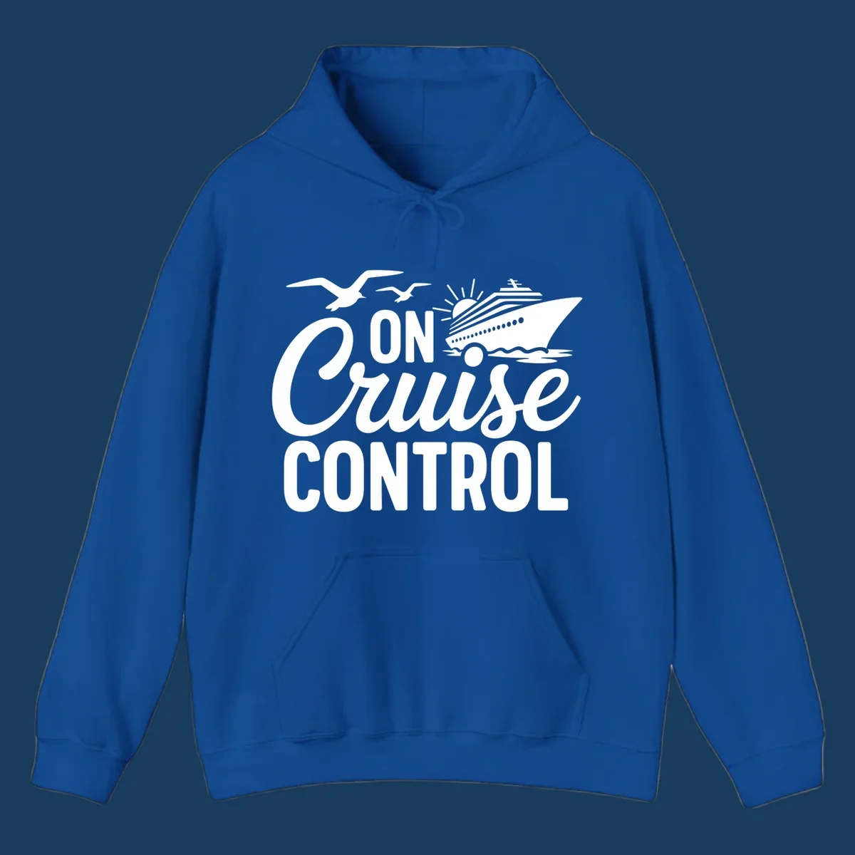 White text and illustration of a cruise ship and seagulls with the phrase 'ON Cruise CONTROL'.