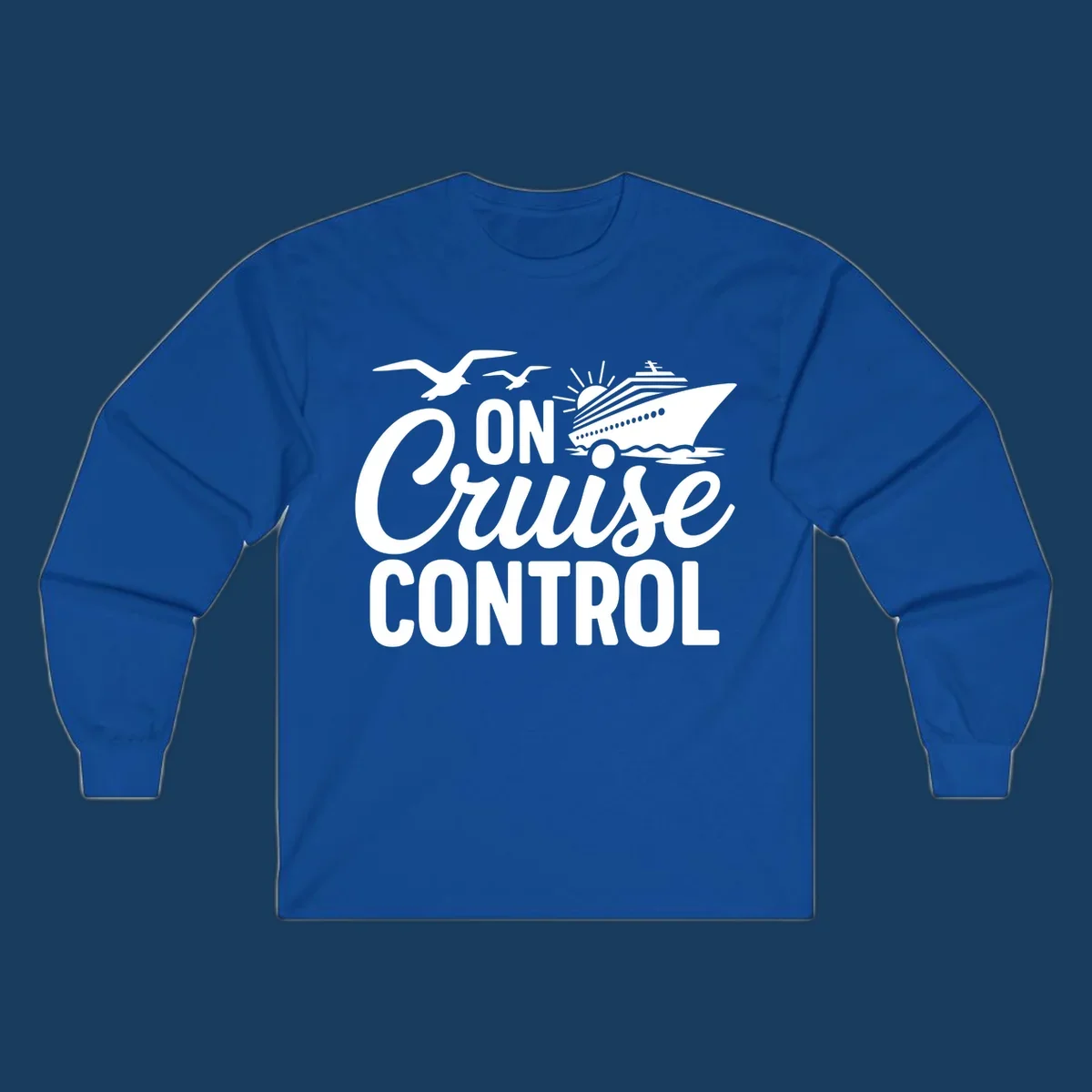 White text and illustration of a cruise ship and seagulls with the phrase 'ON Cruise CONTROL'.