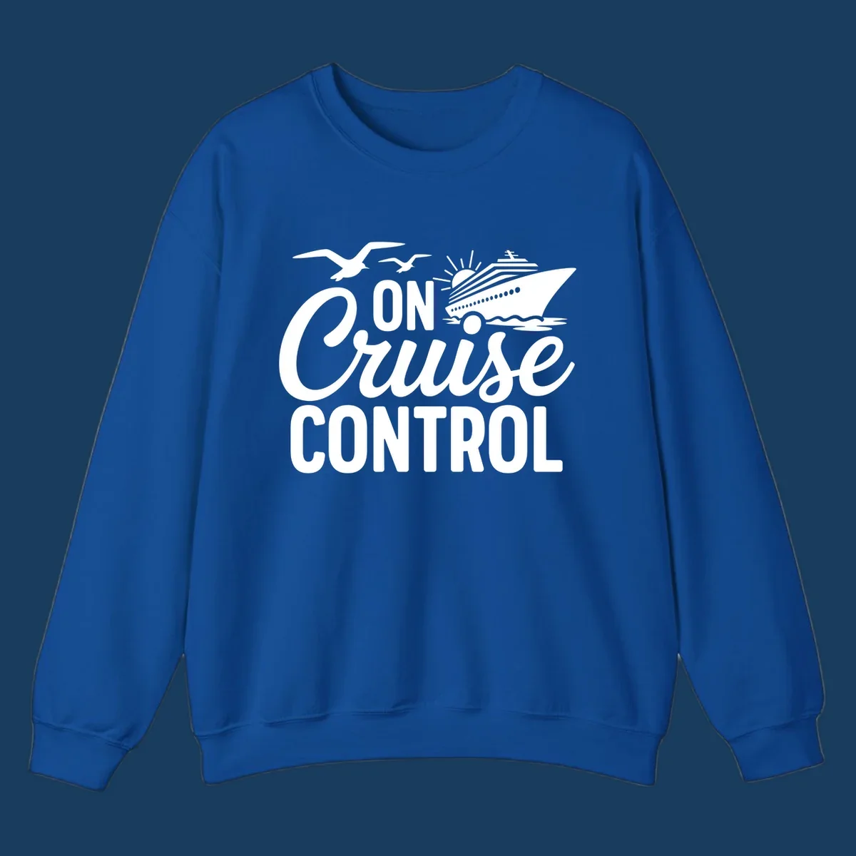 White text and illustration of a cruise ship and seagulls with the phrase 'ON Cruise CONTROL'.