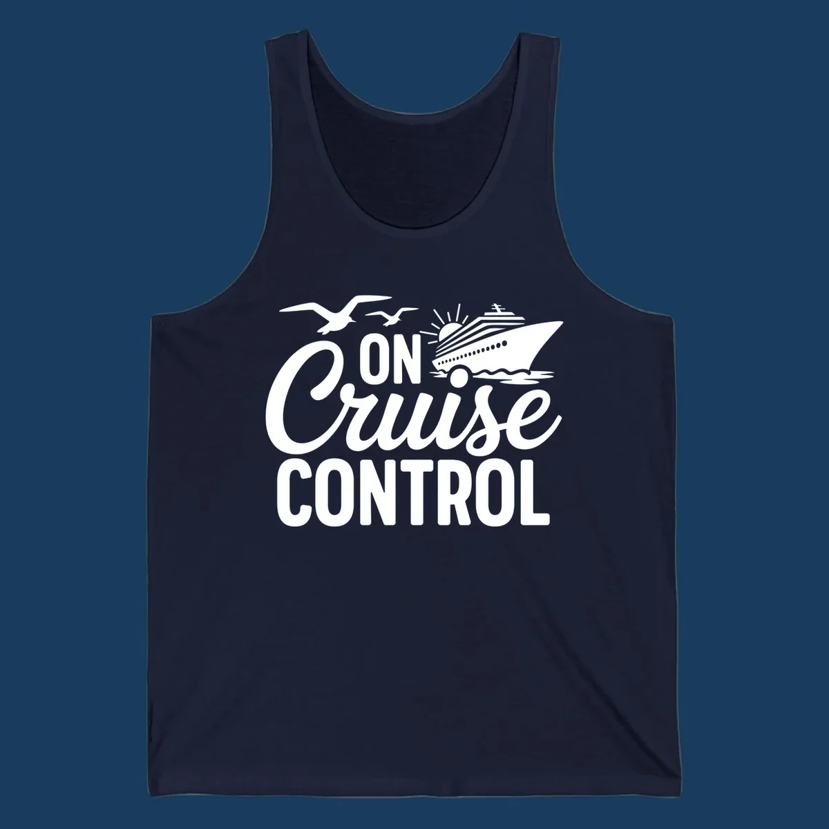 White text and illustration of a cruise ship and seagulls with the phrase 'ON Cruise CONTROL'.