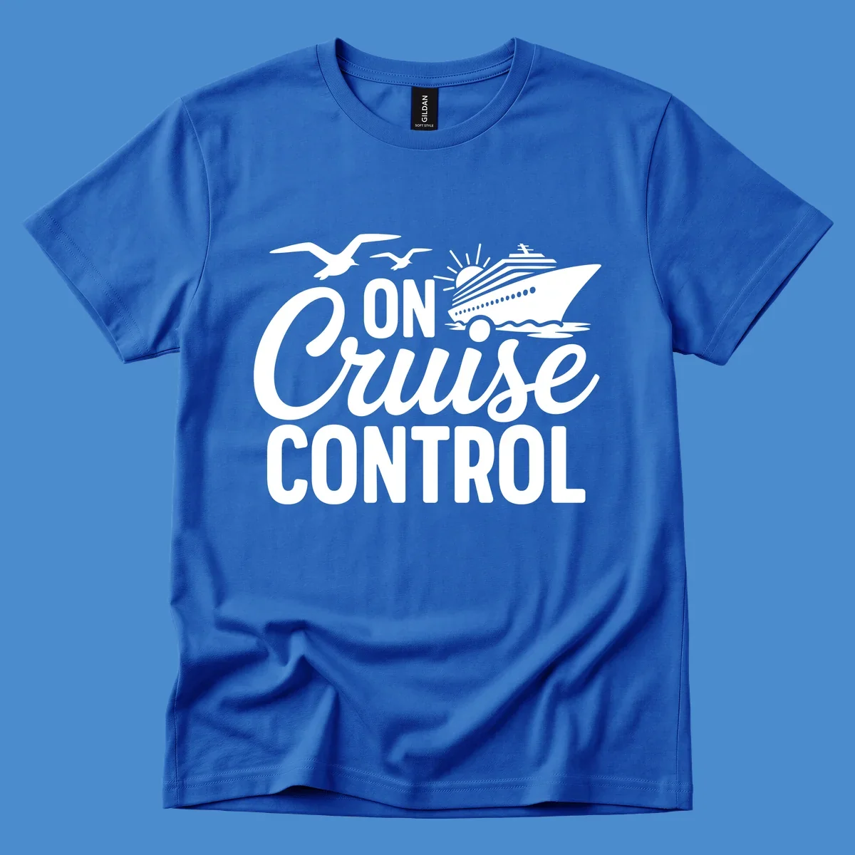 White text and illustration of a cruise ship and seagulls with the phrase 'ON Cruise CONTROL'.