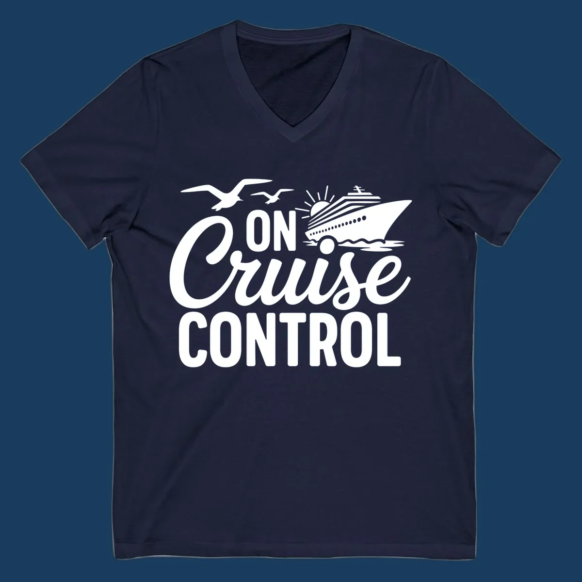 White text and illustration of a cruise ship and seagulls with the phrase 'ON Cruise CONTROL'.