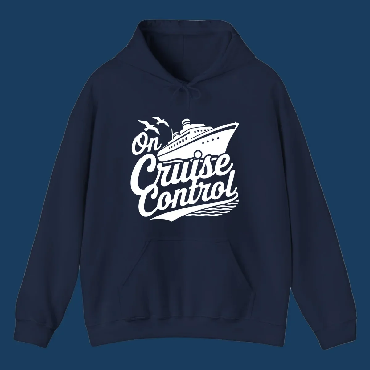 On Cruise Control text with a cruise ship and seagulls, perfect for a funny cruise shirt.