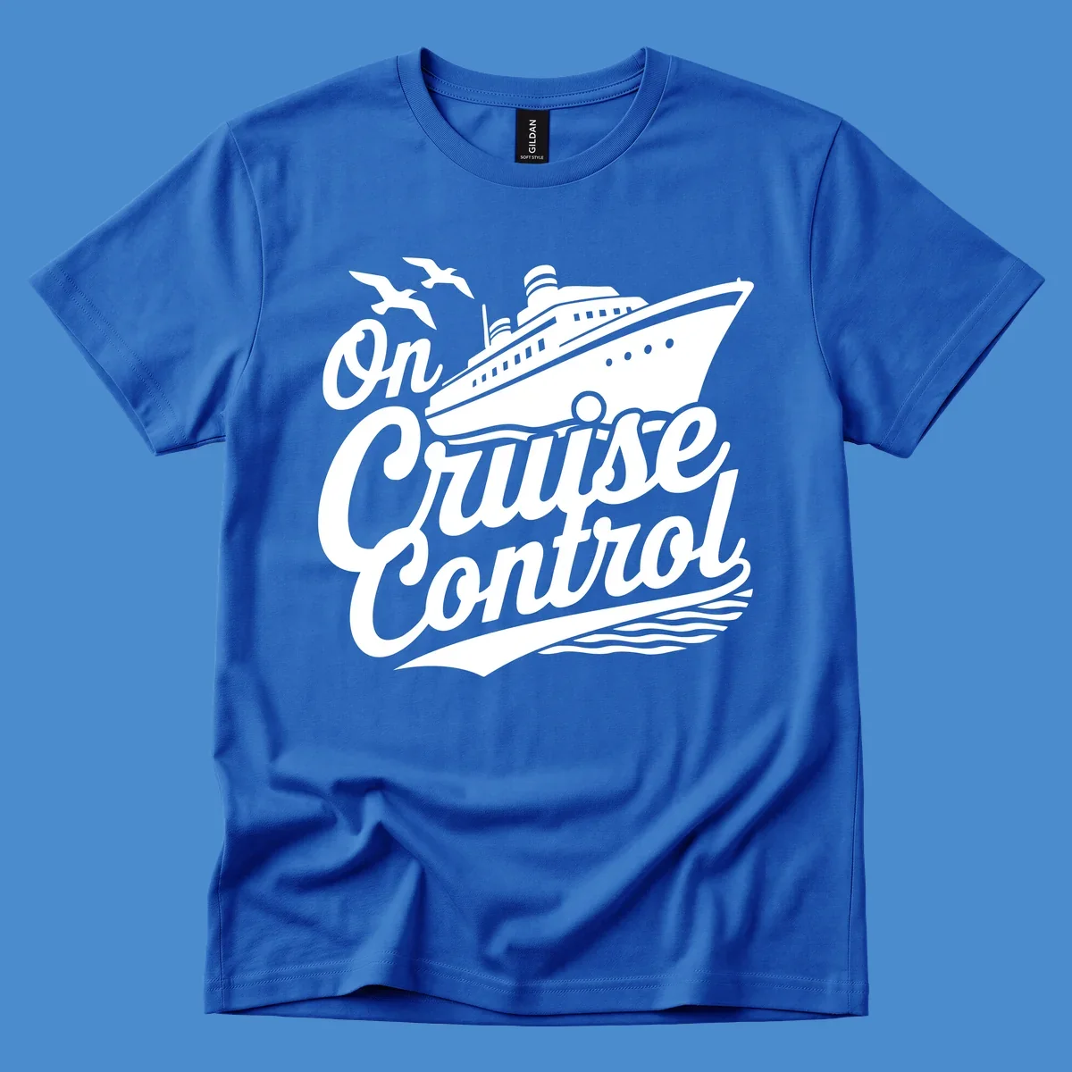 On Cruise Control text with a cruise ship and seagulls, perfect for a funny cruise shirt.