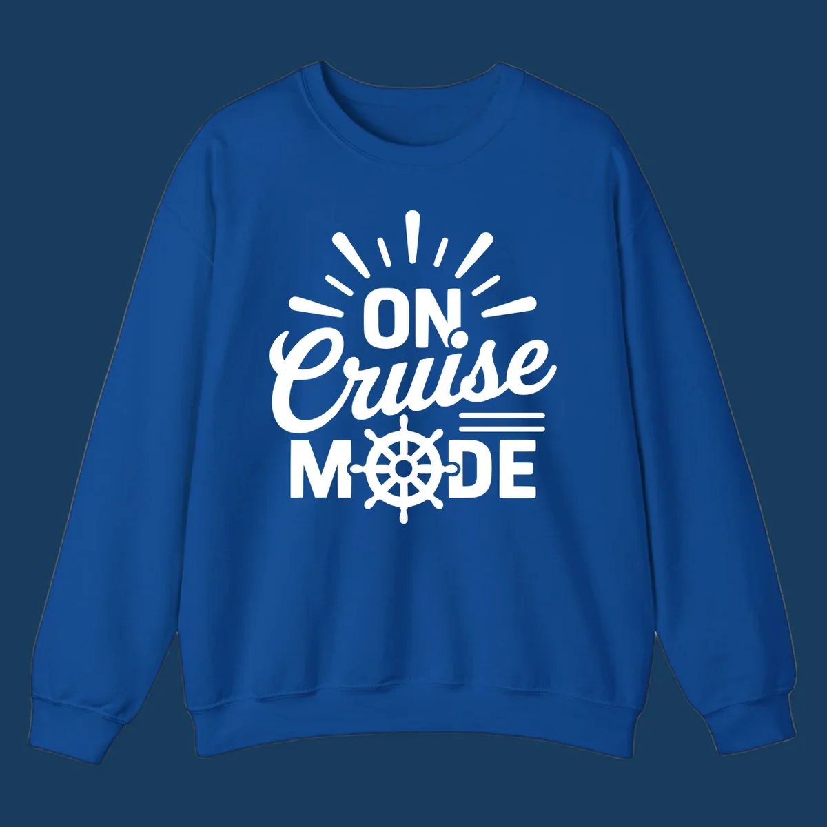 On Cruise Mode text with ship wheel graphic. Funny cruise apparel.