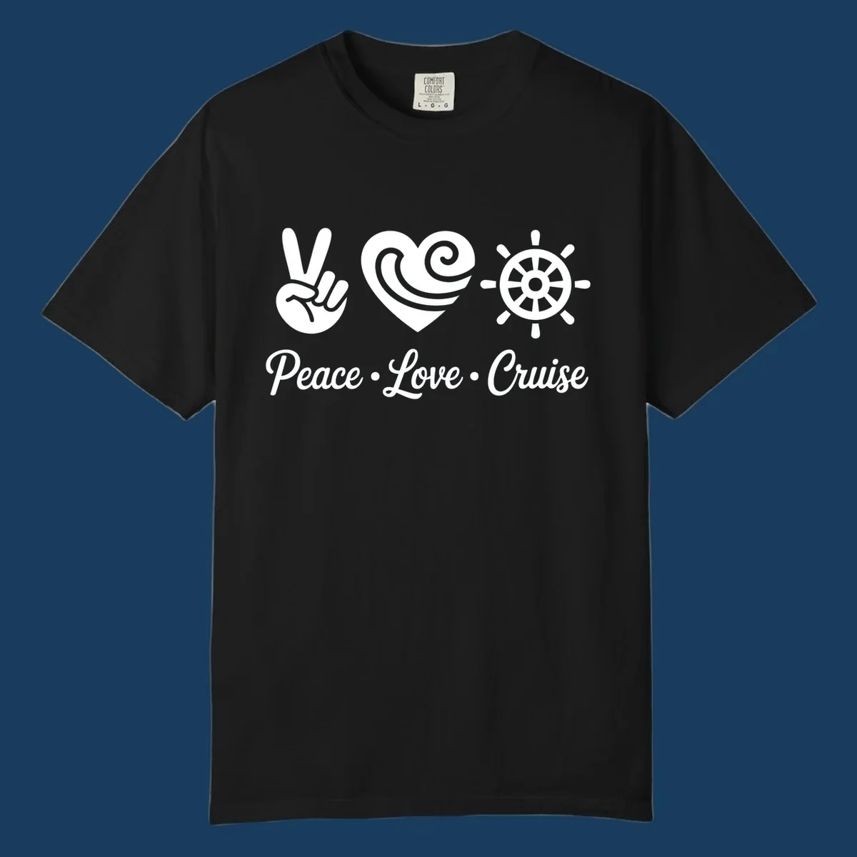 Peace love cruise design with peace sign, heart, and ship's wheel.