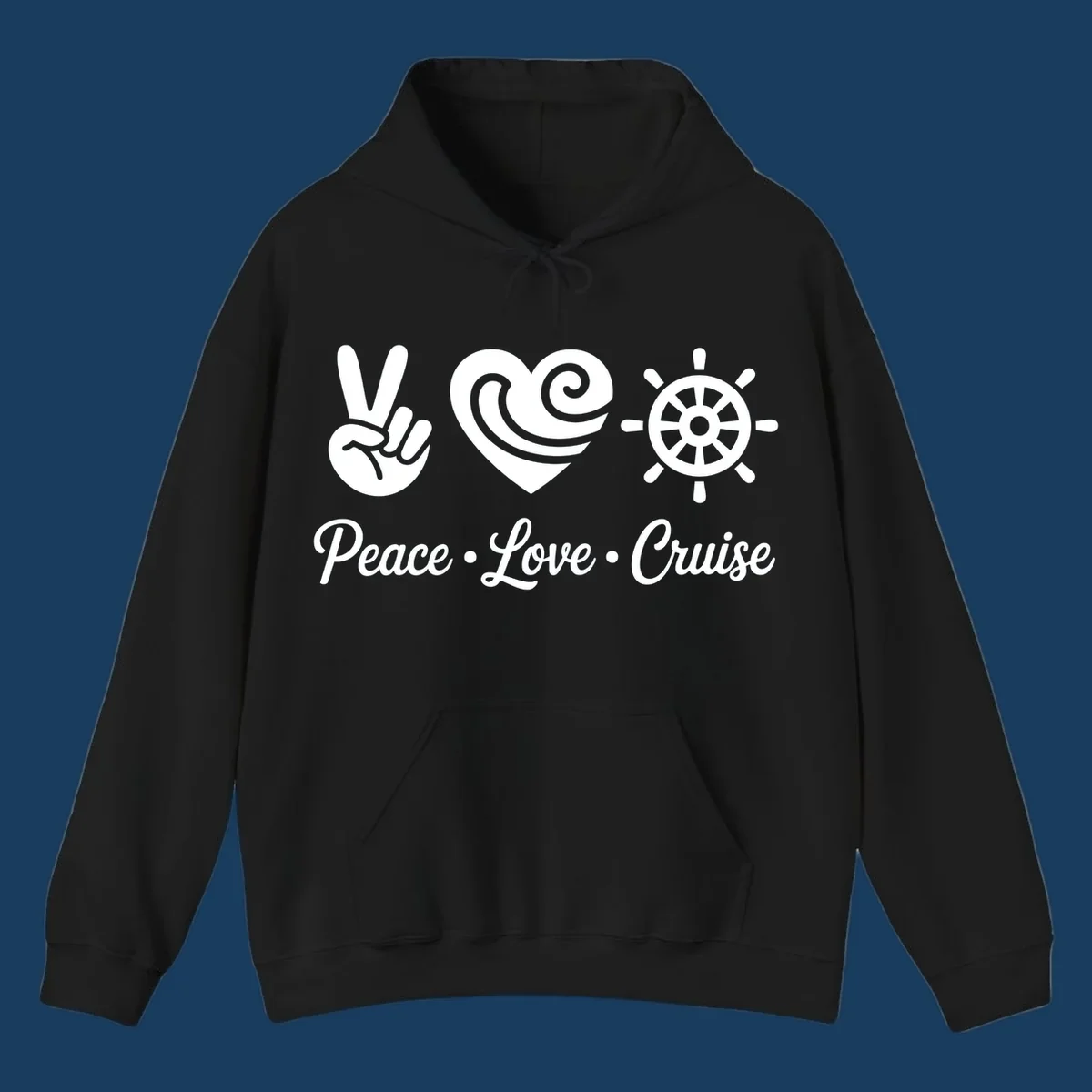 Peace love cruise design with peace sign, heart, and ship's wheel.