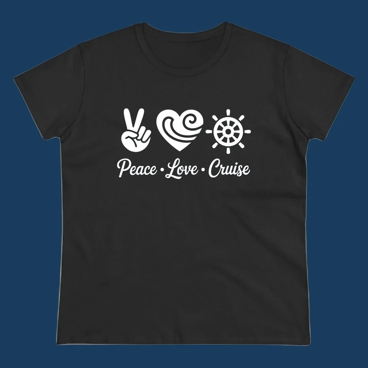 Peace love cruise design with peace sign, heart, and ship's wheel.