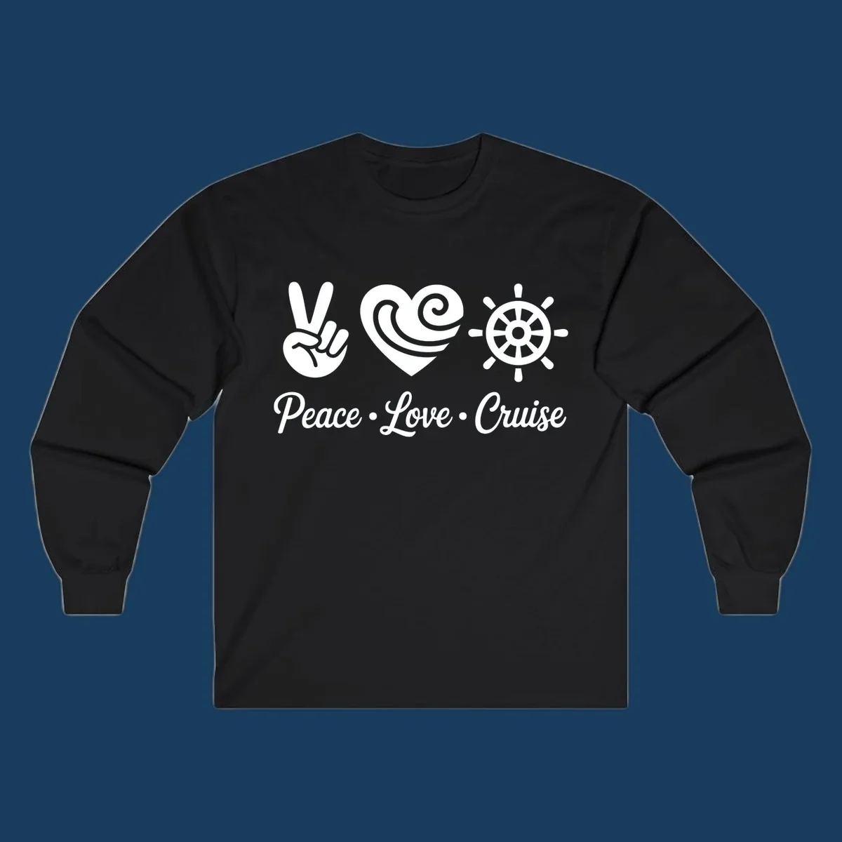 Peace love cruise design with peace sign, heart, and ship's wheel.