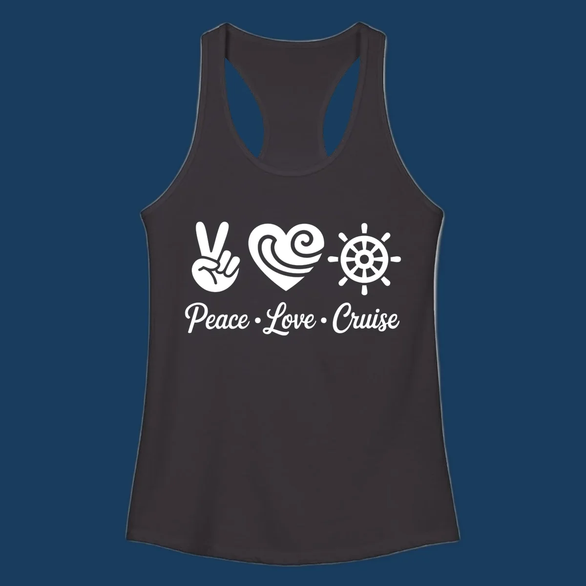Peace love cruise design with peace sign, heart, and ship's wheel.