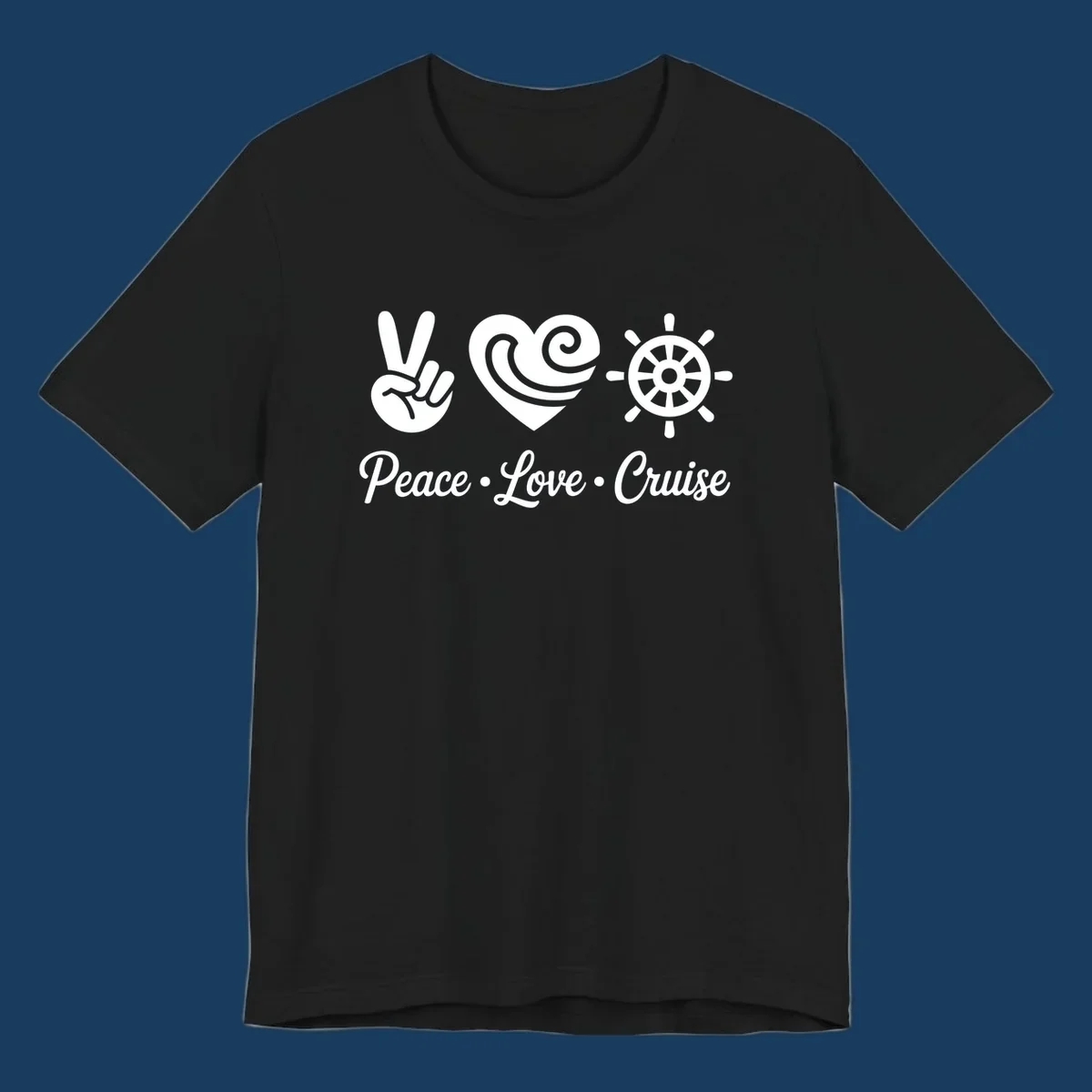 Peace love cruise design with peace sign, heart, and ship's wheel.