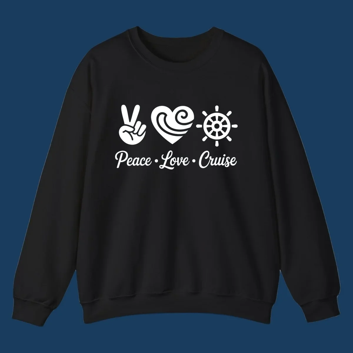 Peace love cruise design with peace sign, heart, and ship's wheel.