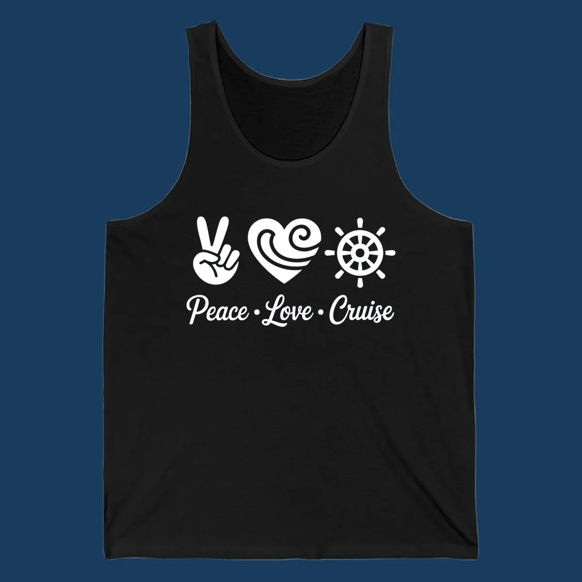 Peace love cruise design with peace sign, heart, and ship's wheel.