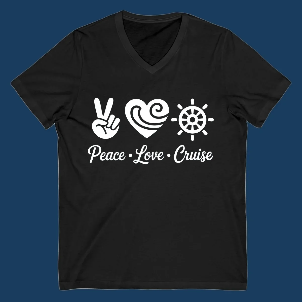 Peace love cruise design with peace sign, heart, and ship's wheel.