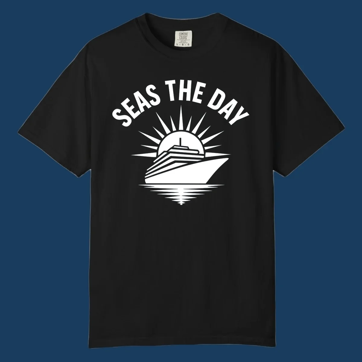 Seas the day cruise ship with sun rays and ocean waves text.