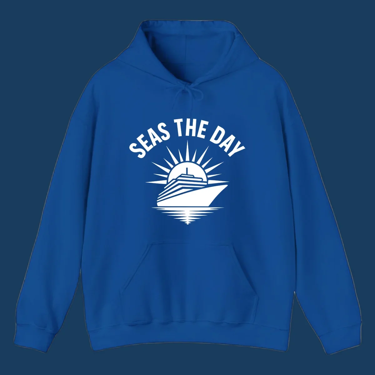 Seas the day cruise ship with sun rays and ocean waves text.