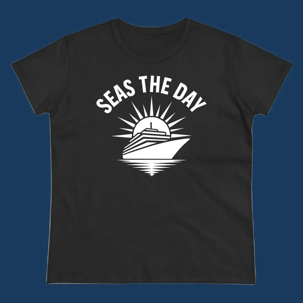 Seas the day cruise ship with sun rays and ocean waves text.