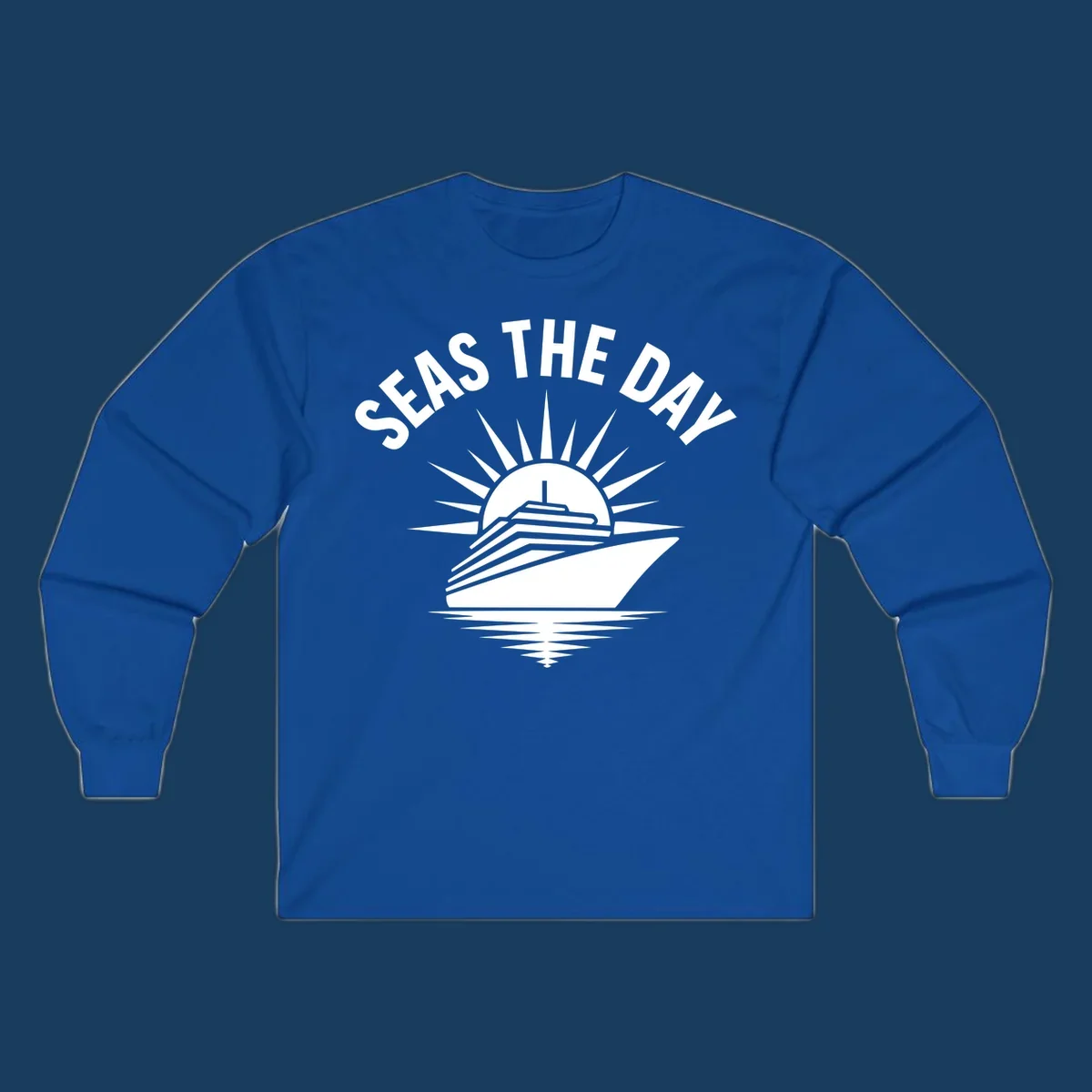 Seas the day cruise ship with sun rays and ocean waves text.