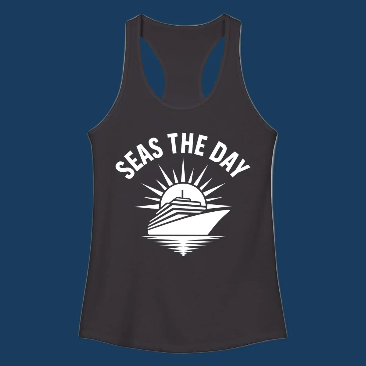 Seas the day cruise ship with sun rays and ocean waves text.