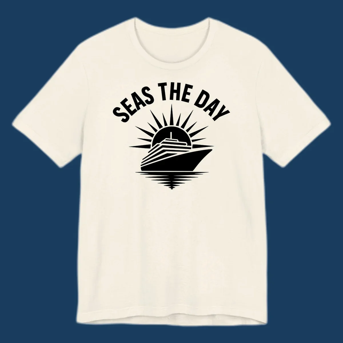 Seas the day cruise ship with sun rays and ocean waves text.