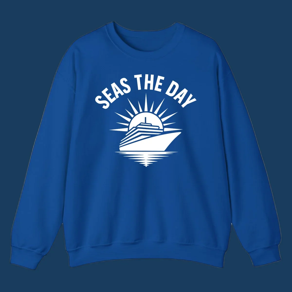 Seas the day cruise ship with sun rays and ocean waves text.