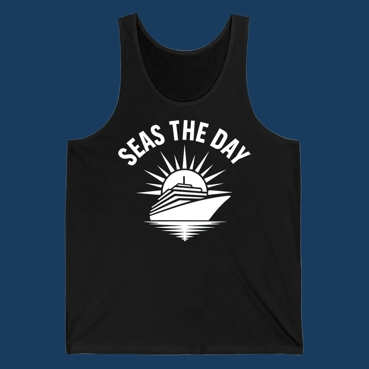 Seas the day cruise ship with sun rays and ocean waves text.