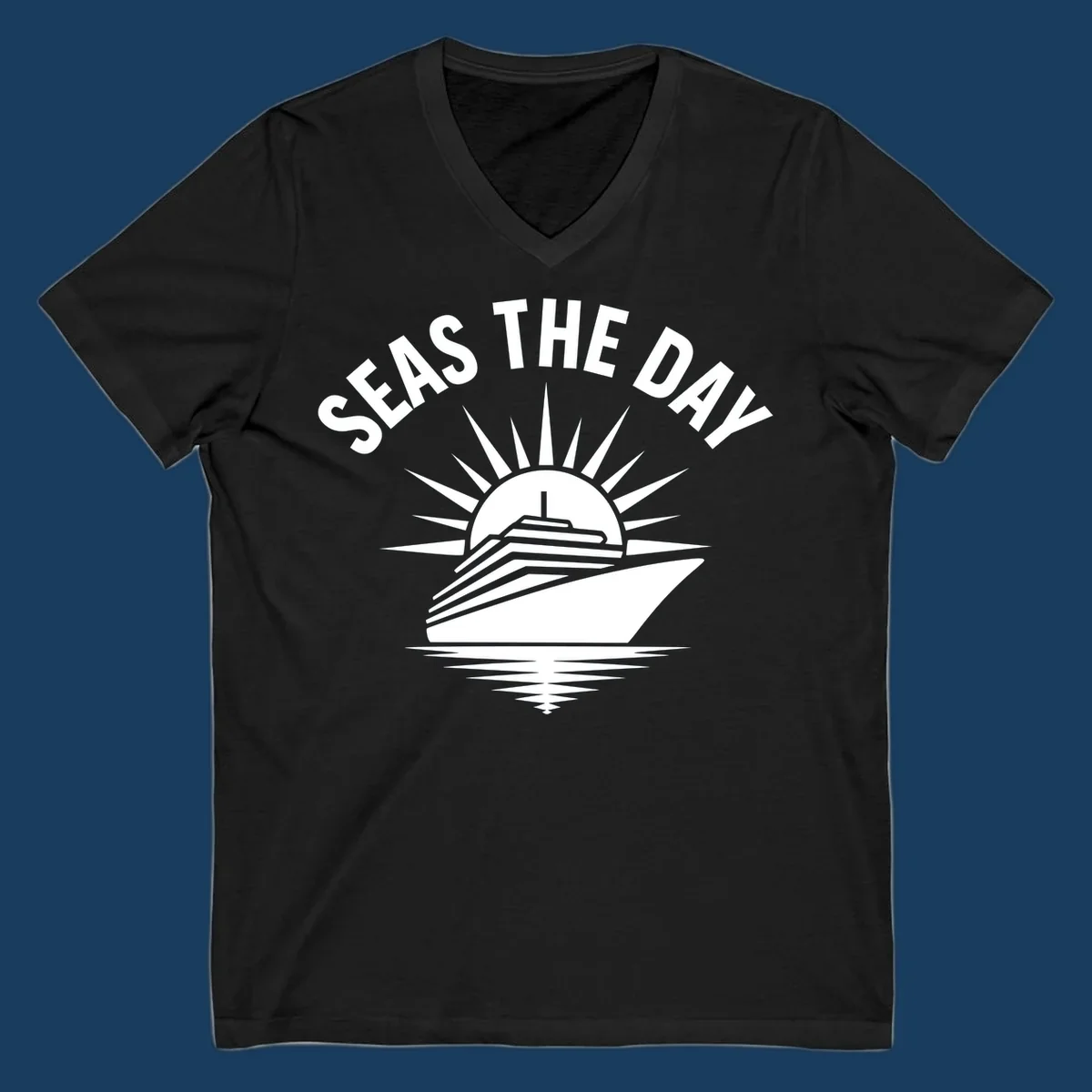Seas the day cruise ship with sun rays and ocean waves text.