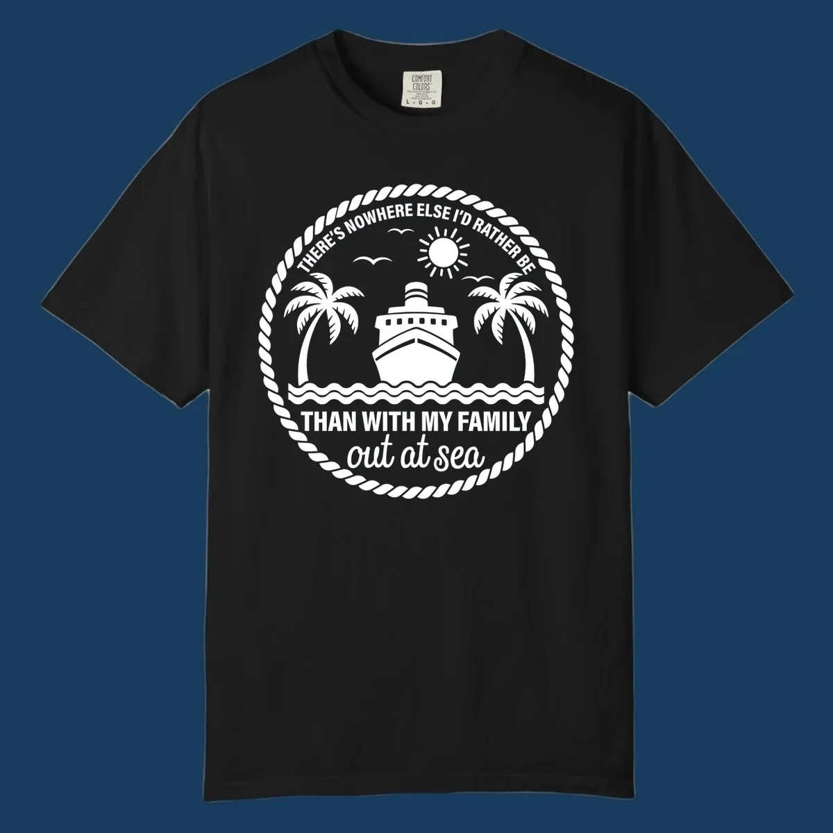 Circular design with cruise ship, palm trees, and text 'Family cruise out at sea'.