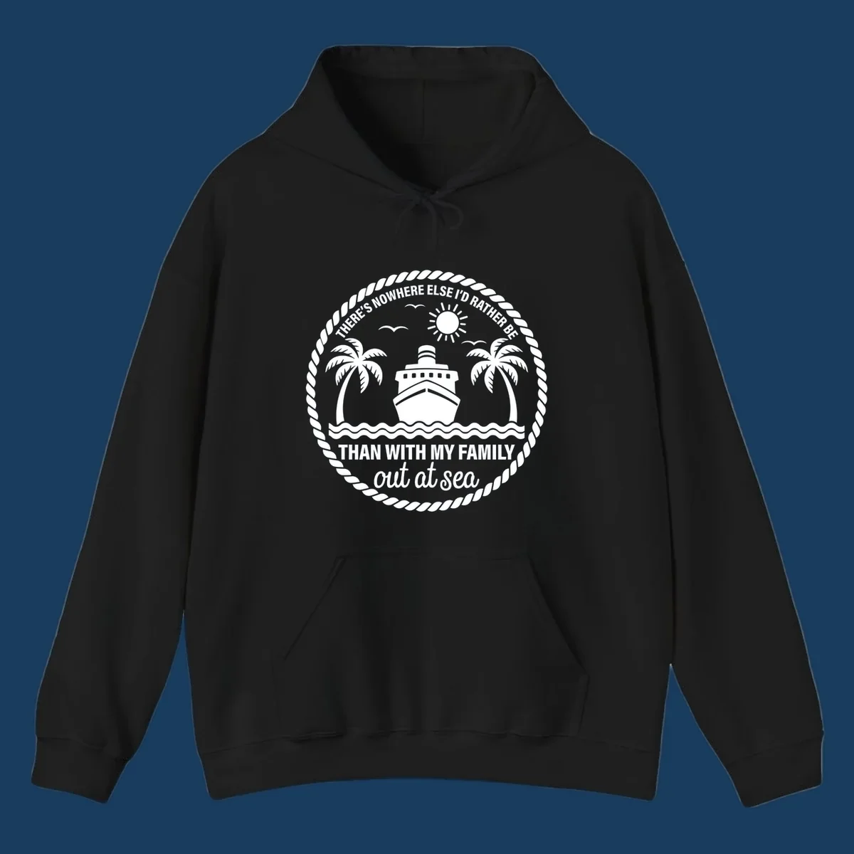 Circular design with cruise ship, palm trees, and text 'Family cruise out at sea'.