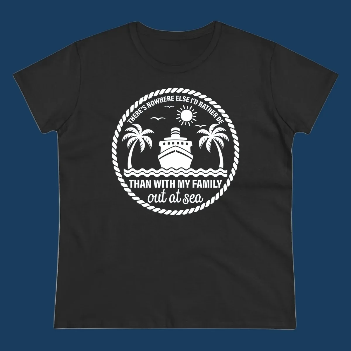 Circular design with cruise ship, palm trees, and text 'Family cruise out at sea'.