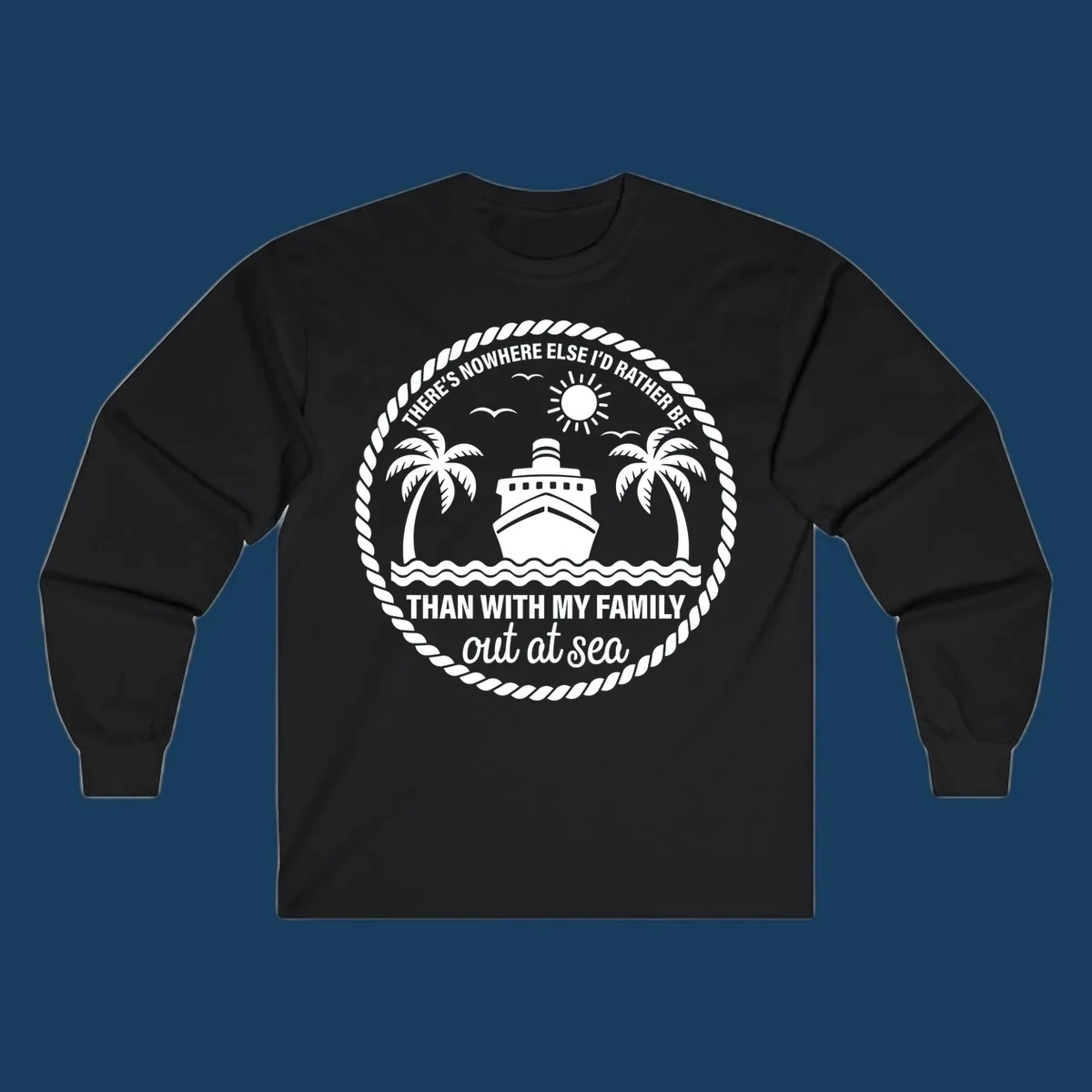 Circular design with cruise ship, palm trees, and text 'Family cruise out at sea'.