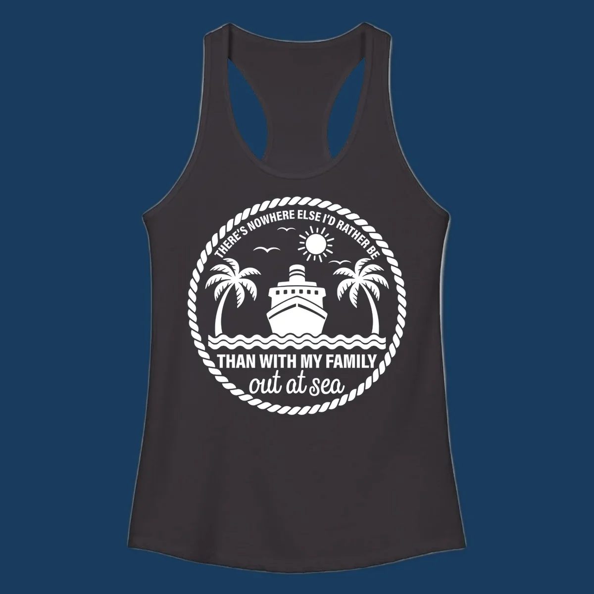Circular design with cruise ship, palm trees, and text 'Family cruise out at sea'.