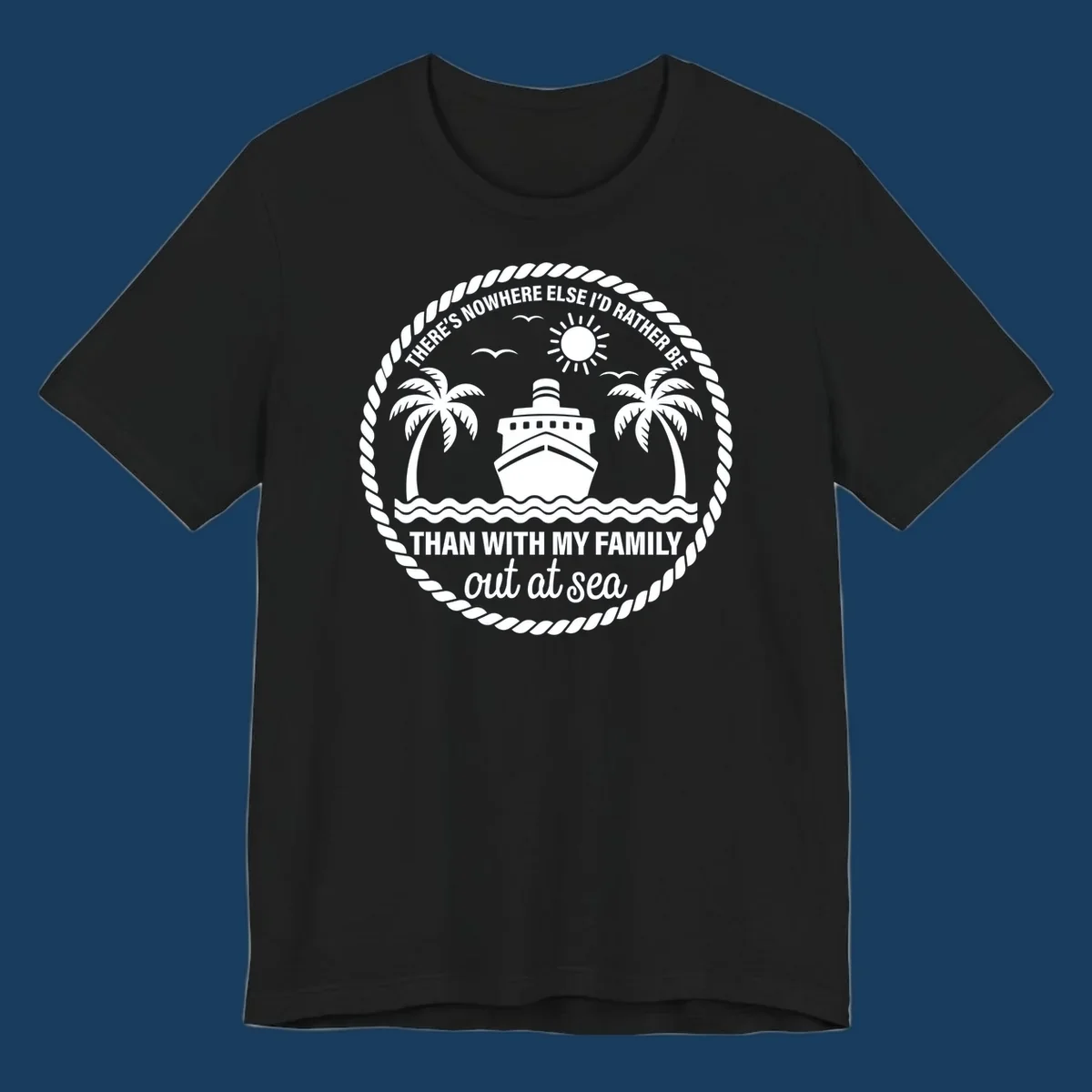 Circular design with cruise ship, palm trees, and text 'Family cruise out at sea'.