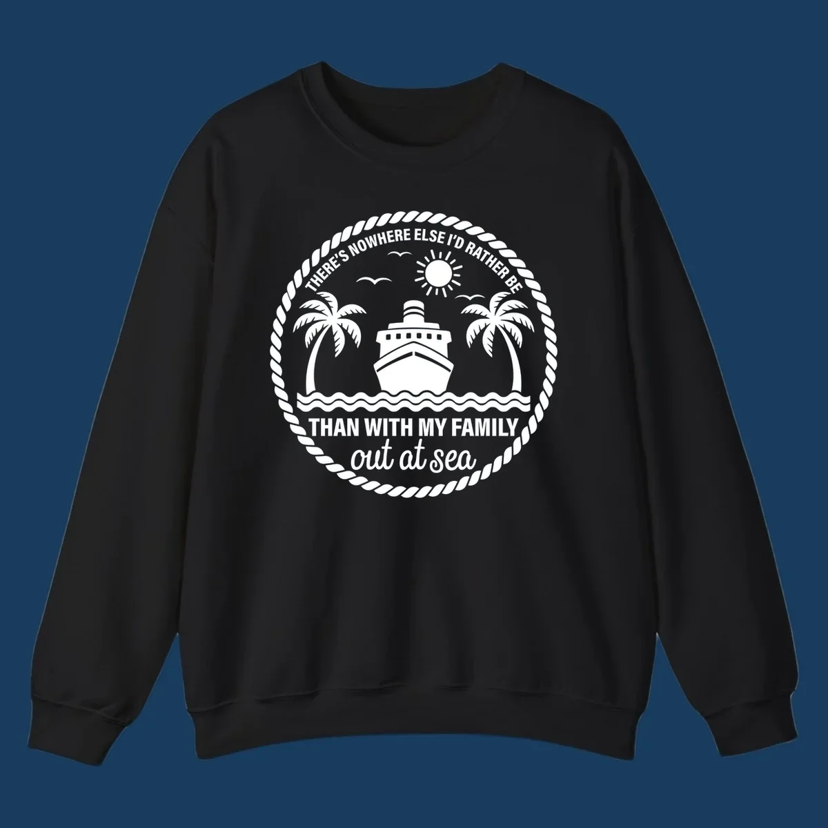 Circular design with cruise ship, palm trees, and text 'Family cruise out at sea'.