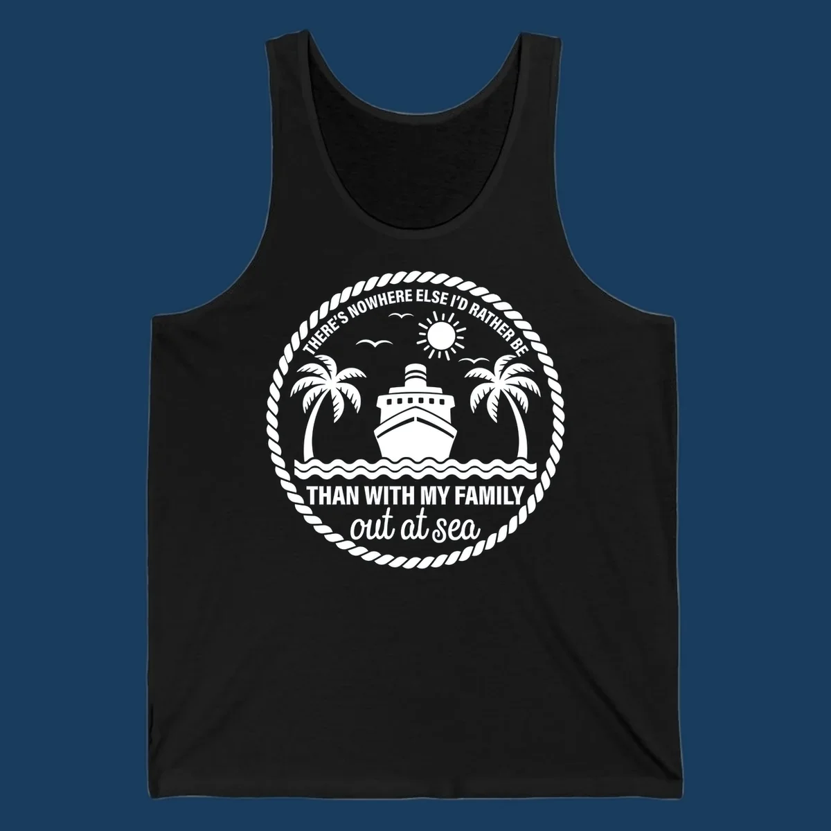 Circular design with cruise ship, palm trees, and text 'Family cruise out at sea'.