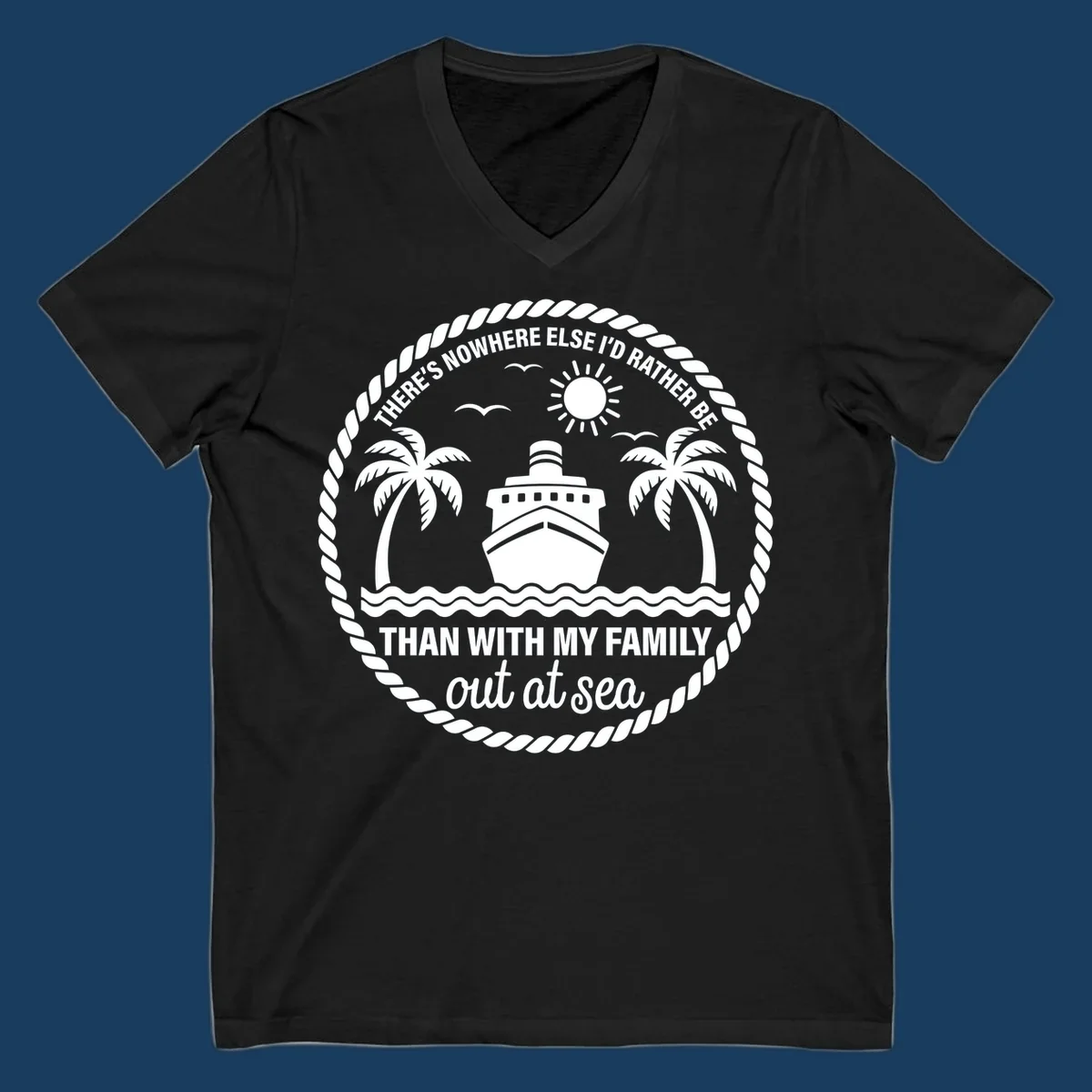 Circular design with cruise ship, palm trees, and text 'Family cruise out at sea'.