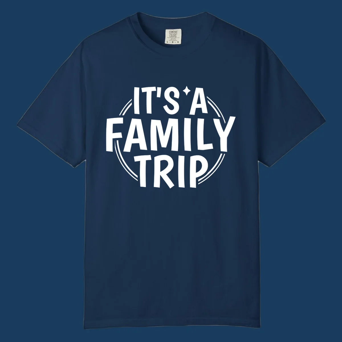 It's A Family Trip text design with star and circle outline.