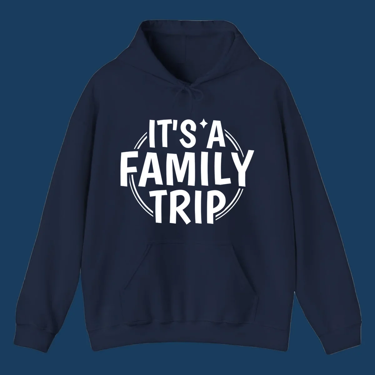 It's A Family Trip text design with star and circle outline.