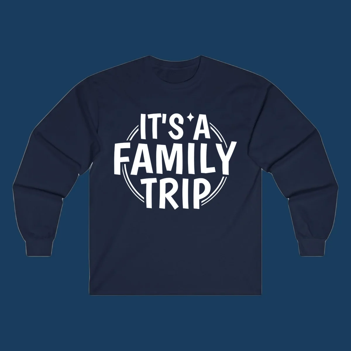It's A Family Trip text design with star and circle outline.