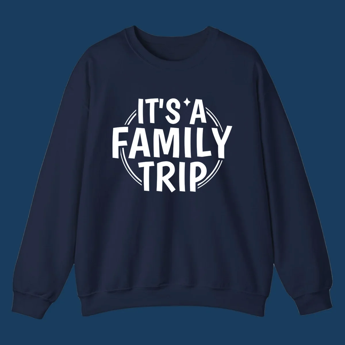 It's A Family Trip text design with star and circle outline.