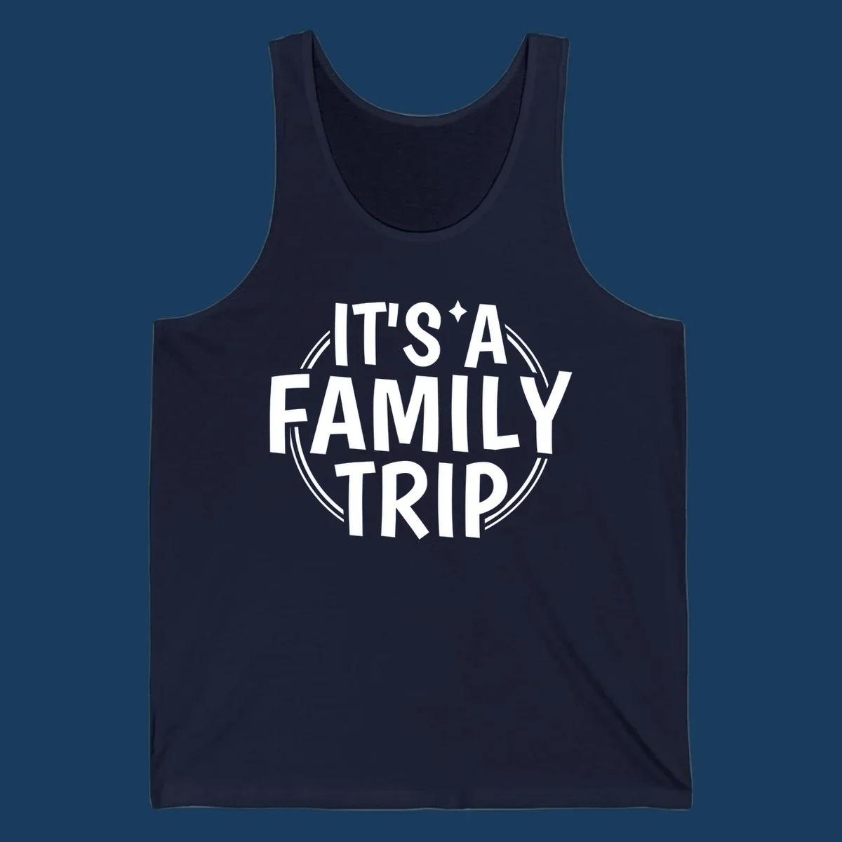 It's A Family Trip text design with star and circle outline.