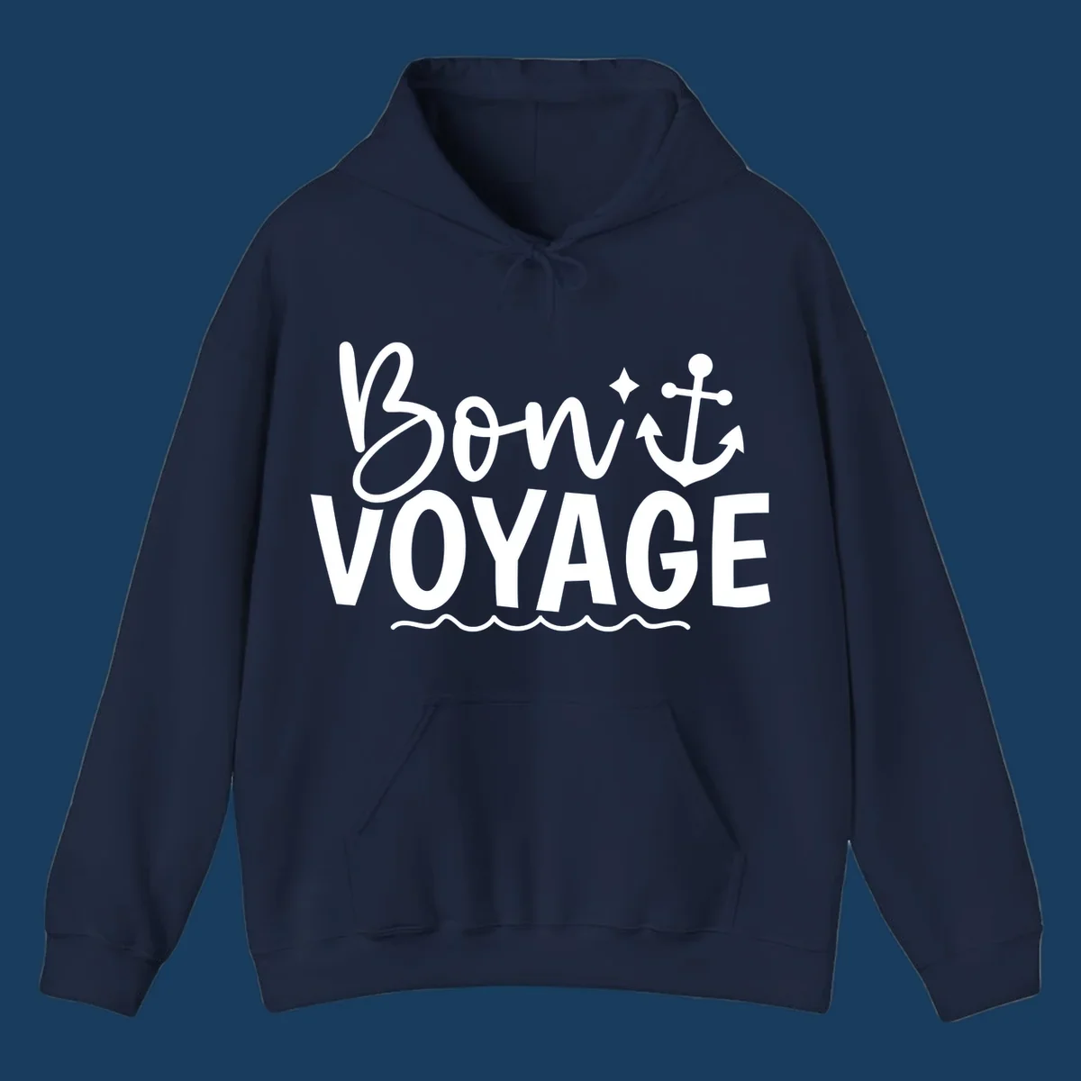 Bon Voyage text with anchor and waves design.