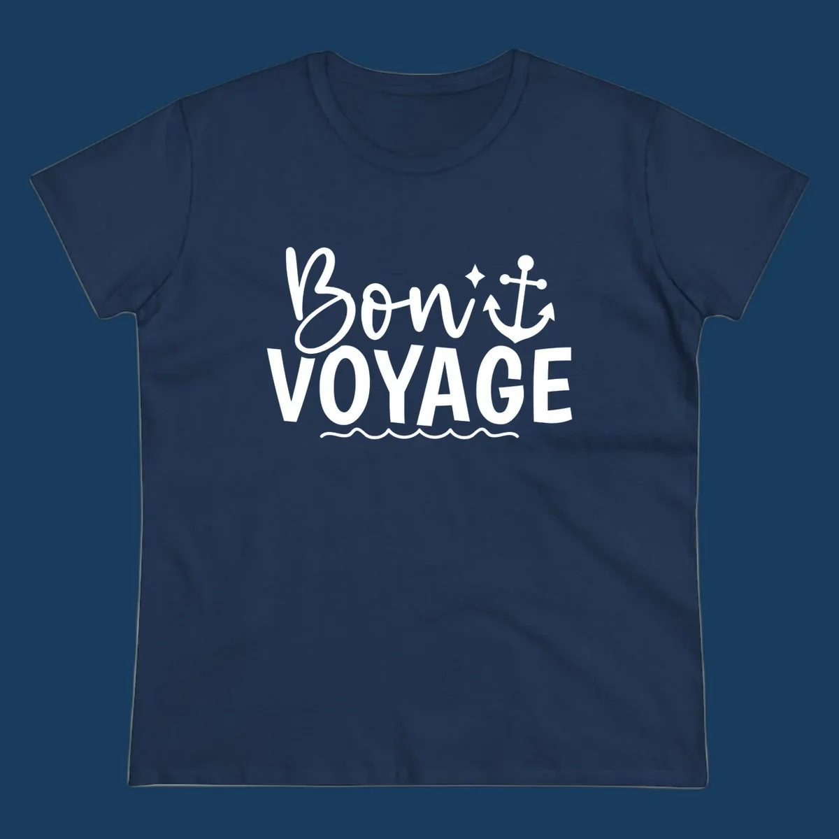 Bon Voyage text with anchor and waves design.