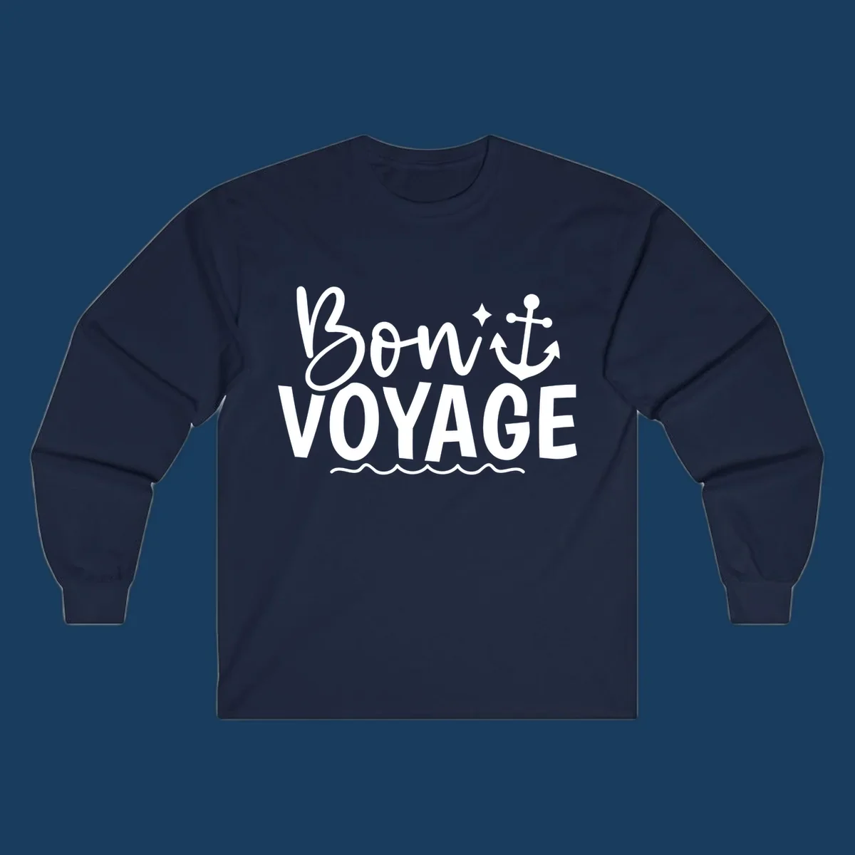 Bon Voyage text with anchor and waves design.