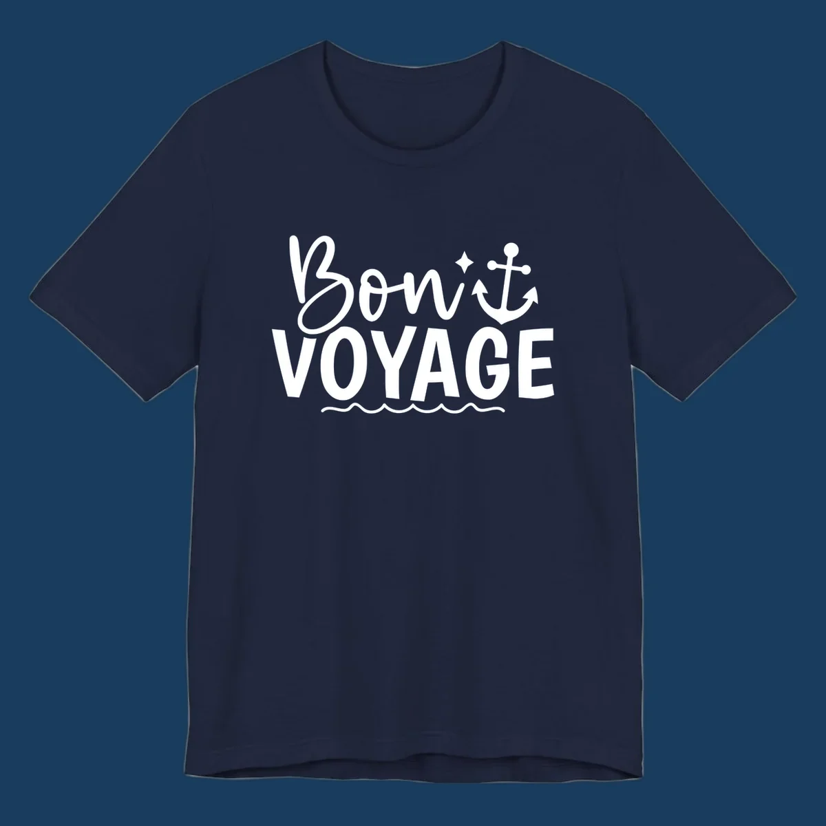 Bon Voyage text with anchor and waves design.