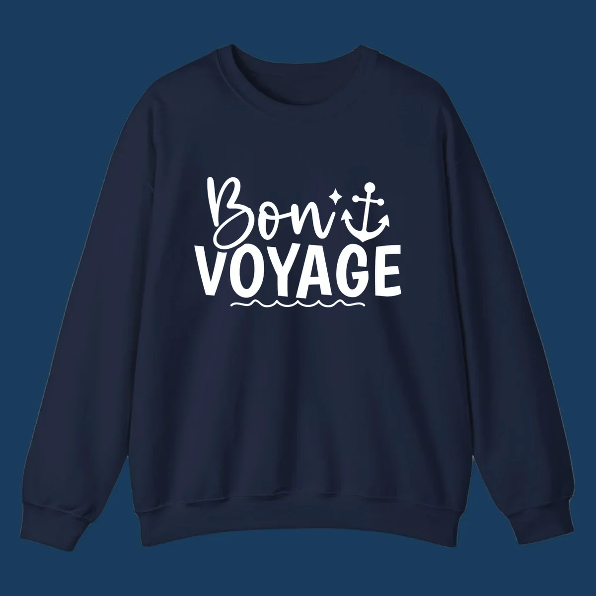 Bon Voyage text with anchor and waves design.