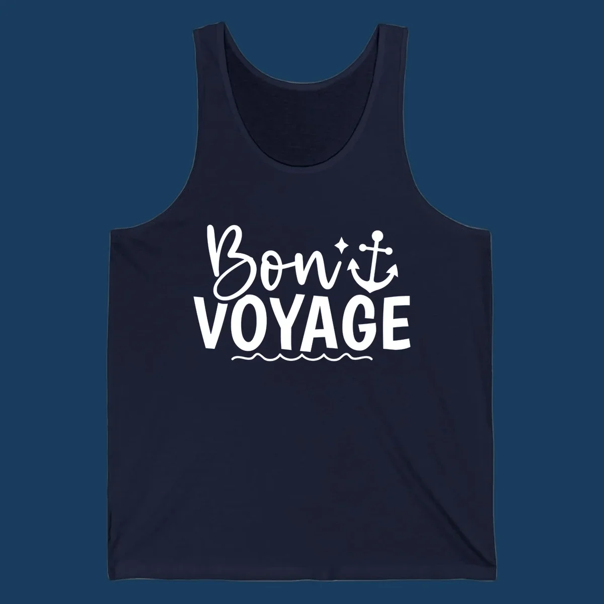 Bon Voyage text with anchor and waves design.